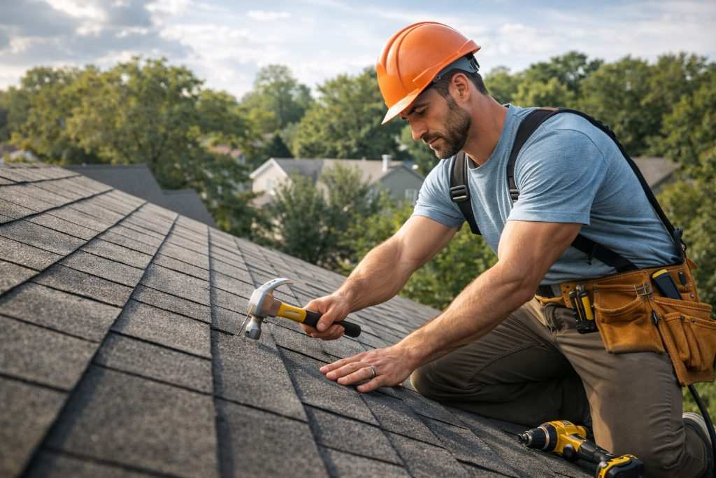 Roofer installing shingles on a residential roof